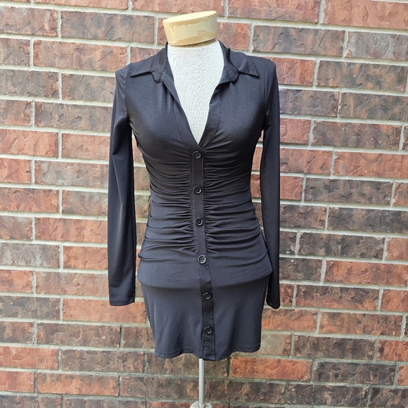 Windsor Dress Womens Small Black Ruched Button Front Bodycon Mini Long Sleeve - Picture 2 of 8